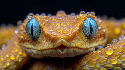 Fototapeta premium close up of vibrant orange snake with striking blue eyes, covered in droplets of water, showcasing its intricate scales and unique texture. image captures beauty and detail of this reptile