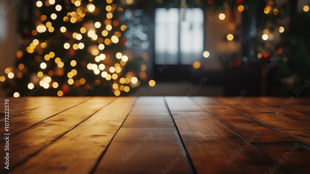 Poster a rustic wooden table creates a cozy ambiance as soft bokeh lights from a beautifully decorated chri