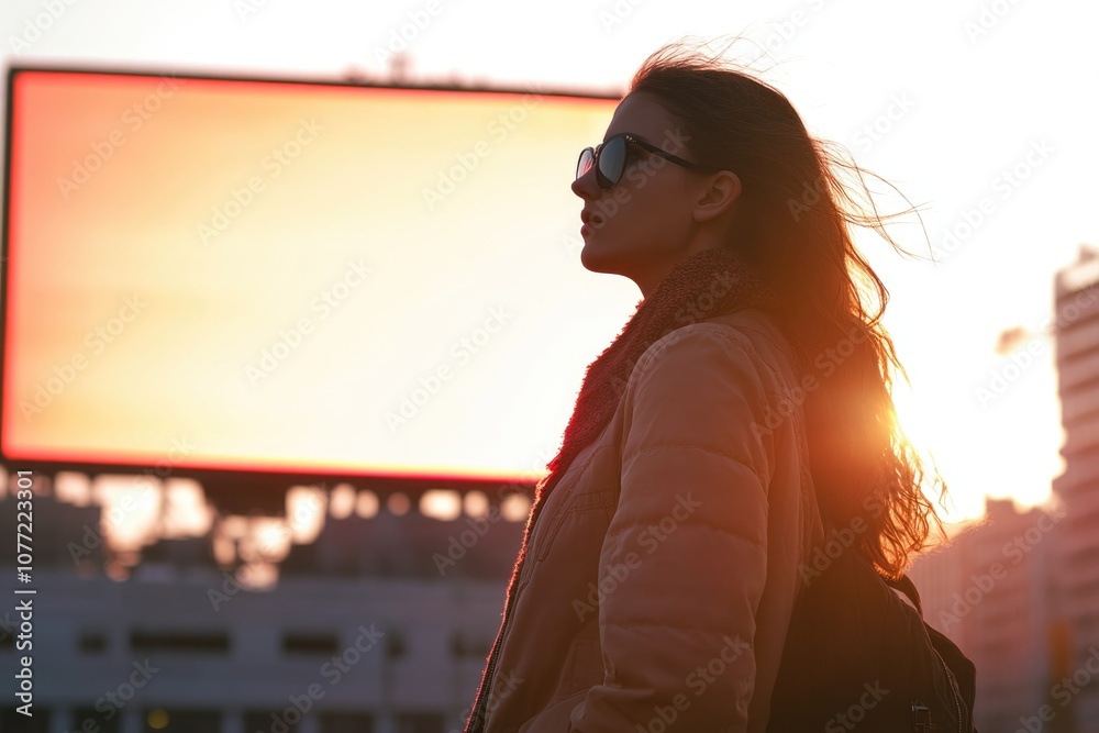 Poster a woman stands in front of a large screen with a thoughtful expression