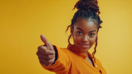 A woman wearing an orange shirt points at the camera, conveying attention or surprise