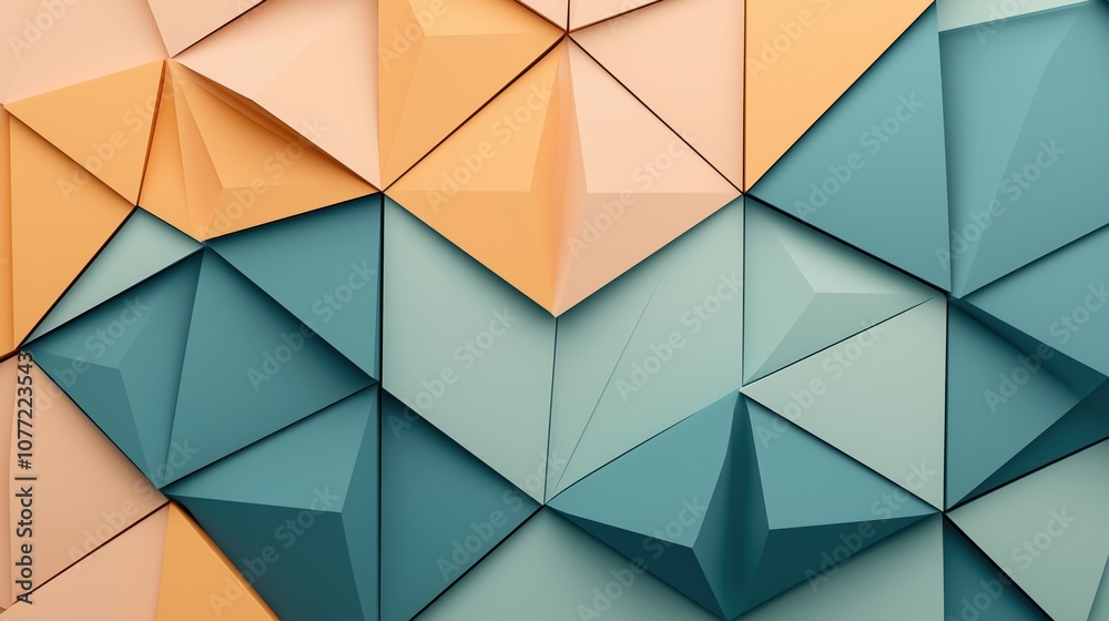 Wall mural colorful geometric abstract background with triangular shapes in orange and teal shades, creating a 