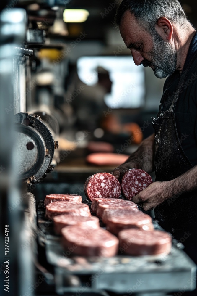 Poster A worker preparing hamburgers on an assembly line in a factory