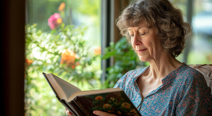 Absorta em um livro em frente a uma janela de verão, uma mulher representa a intersecção do aprendizado ao longo da vida e da saúde mental durante a transição e as mudanças da meia-idade. 