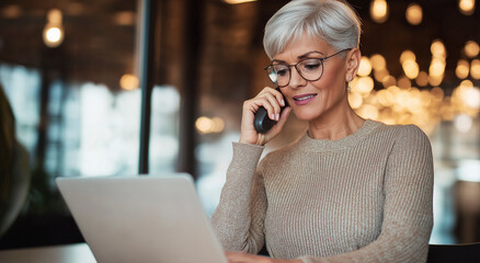 Mulher de negócios madura e bem-sucedida falando ao telefone e trabalhando com laptop em um escritório corporativo