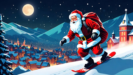 Fototapeta premium Santa Claus skating carrying gift bag towards city.