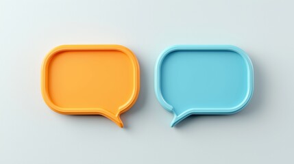 Fototapeta premium Minimalist 3D illustration of two speech bubbles, one orange and one blue, on a light background