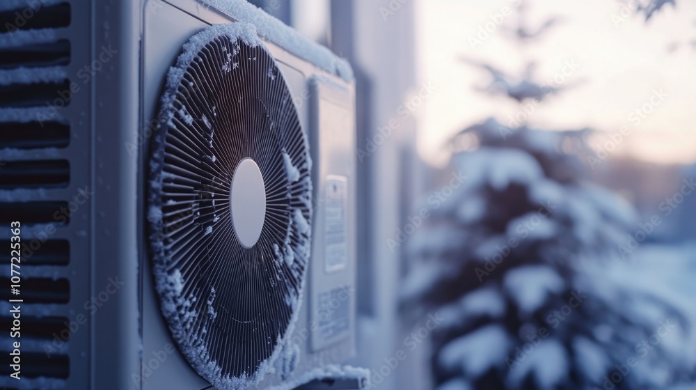 Poster an air conditioner unit sitting outside in snowy weather, possibly broken or unused