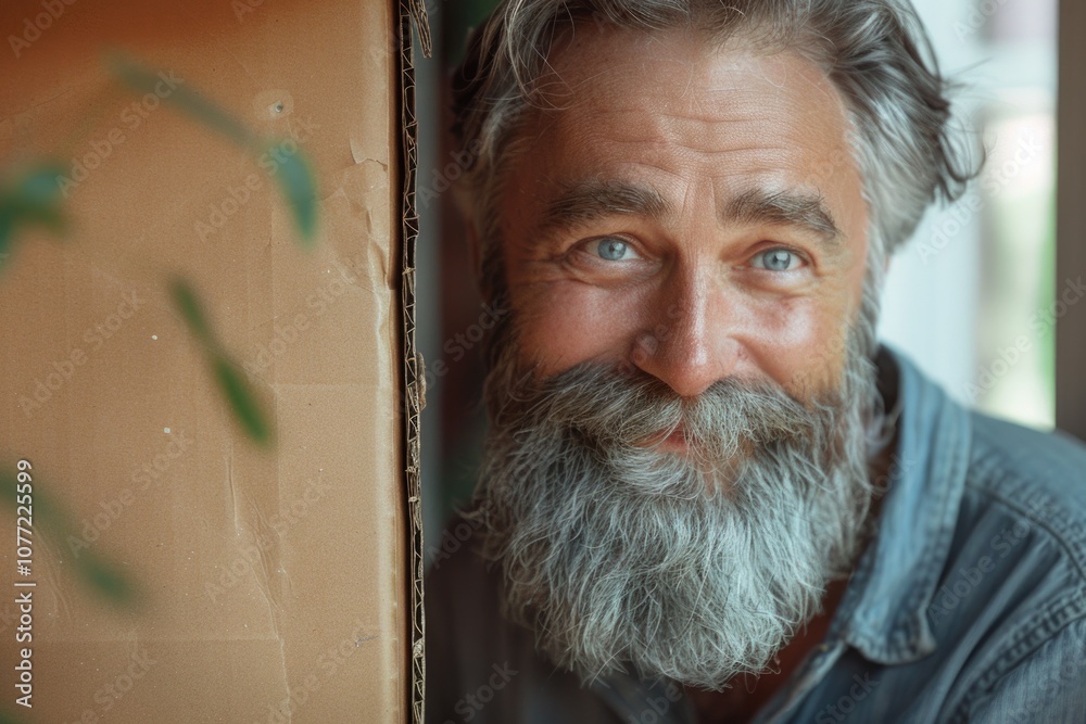 Poster portrait of a bearded man with a focused expression