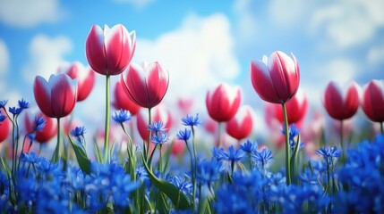 Fototapeta premium A scenic view of a field filled with red tulips and blue flowers