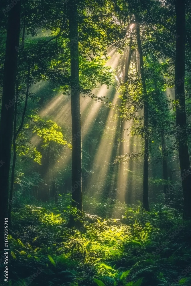 Aufkleber sunlight shines through the trees in a dense forest