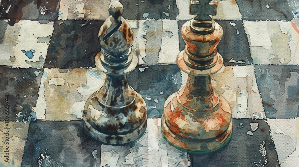 Poster A simple and elegant scene featuring two chess pieces on a checkered floor, great for use in designs related to strategy, thinking, or games