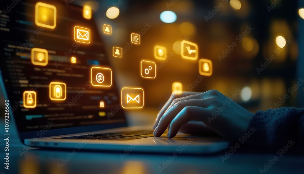 Poster a hand operates a laptop, with glowing digital icons floating above, symbolizing technology, connect