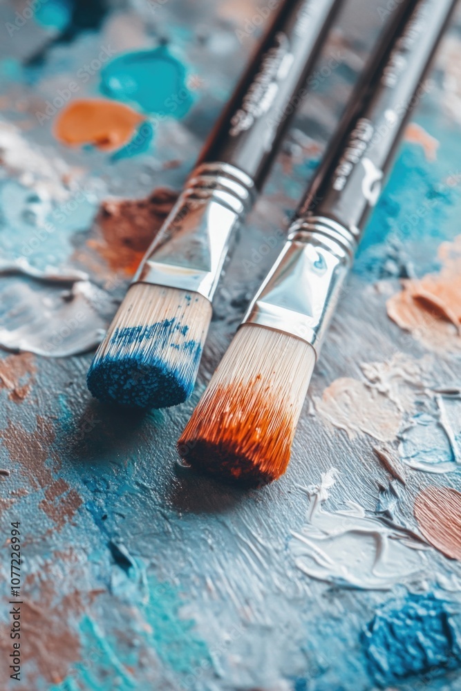Poster close-up shot of two paint brushes lying on a table