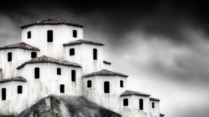 A white building with black windows on top of a hill
