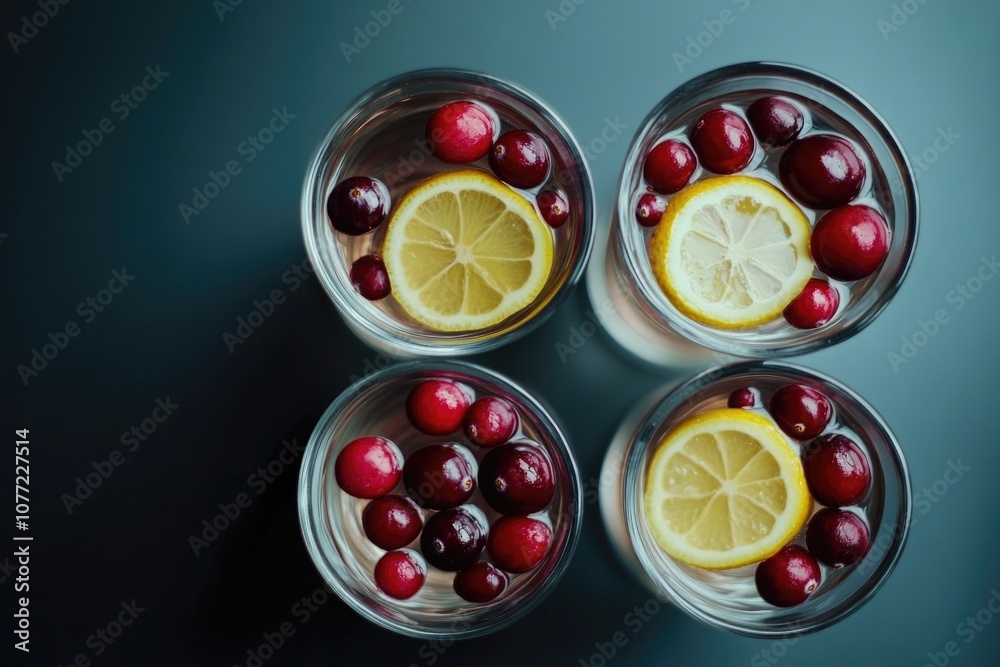 Poster three glasses of refreshing water with lemon slices and cranberries for a healthy drink