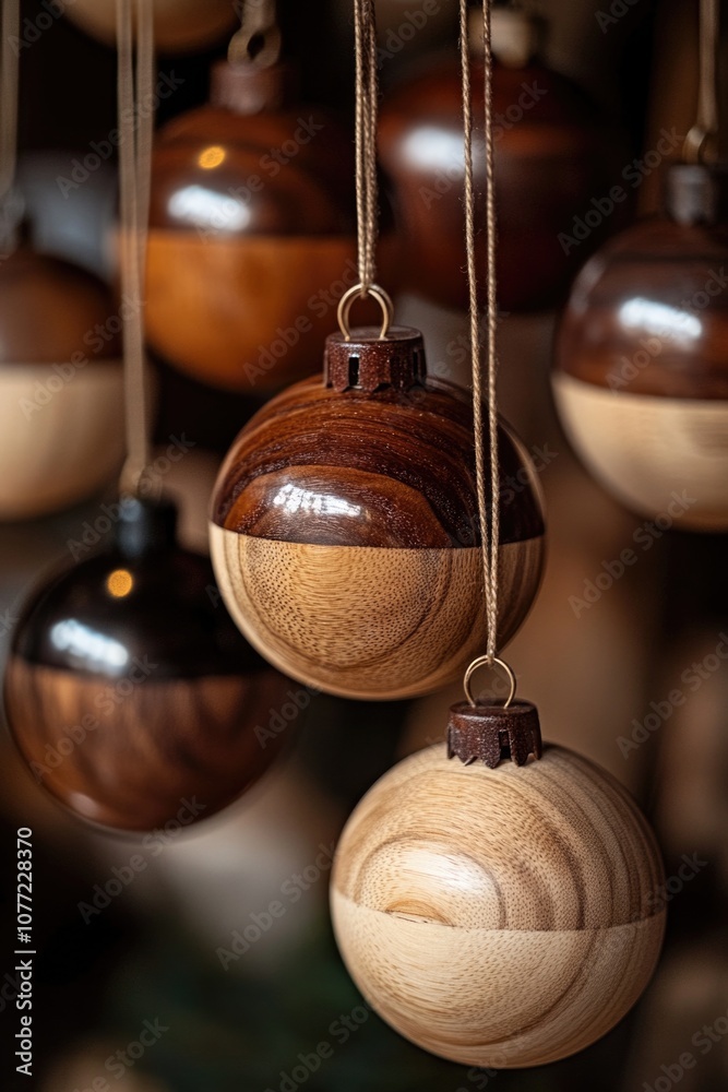 Poster a collection of wooden ornaments hung from colorful strings, suitable for various decorative purpose