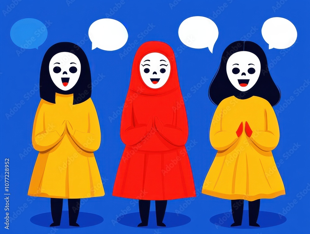 Poster three stylized characters in colorful dresses and masks stand against a blue background, appearing c