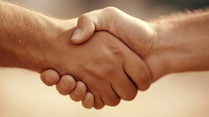 Two men shaking hands in front of a blurred background