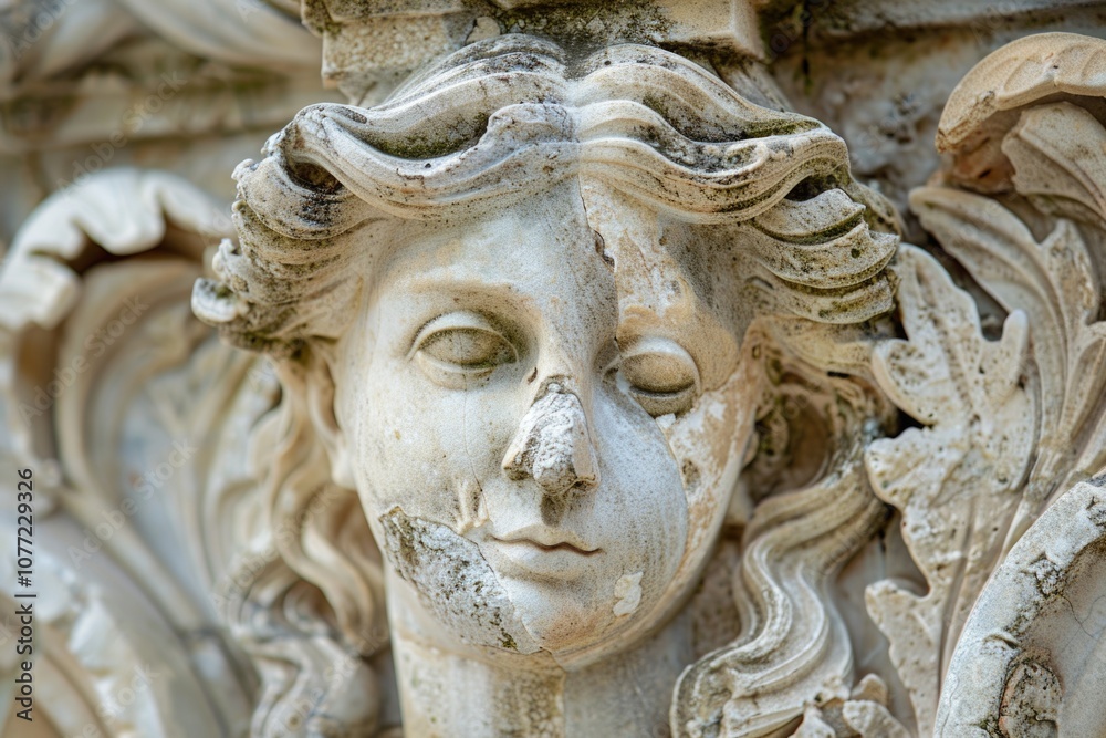 Poster a close-up view of a female statue's face with detailed features