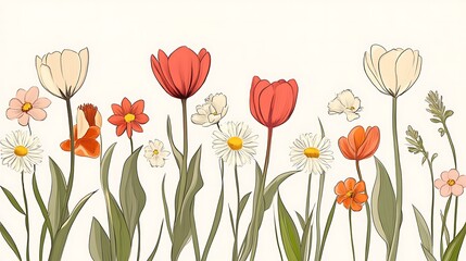 Fototapeta premium Hand drawn vector illustration of a border of colorful flowers on white background.