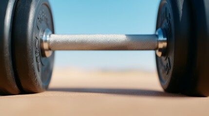 Fototapeta premium A pair of dumbbells sitting on top of a sandy ground