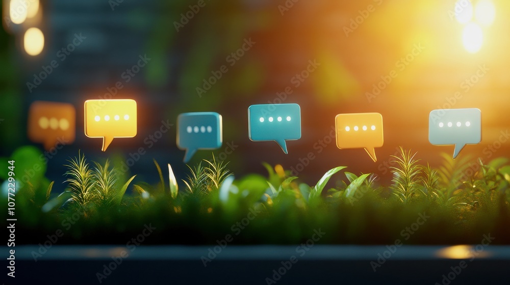 Poster Speech improves every conversationม Colorful speech bubbles on greenery symbolize communication and engagement in a vibrant setting with soft lighting.