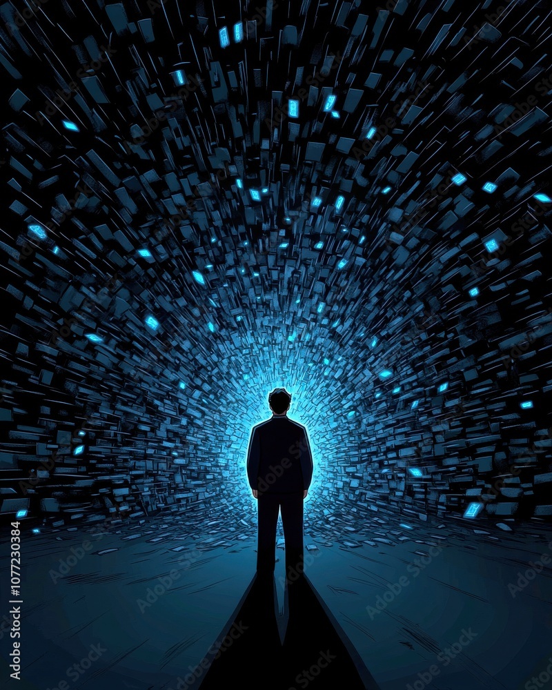Leinwandbilder a silhouetted figure stands against a vibrant blue background filled with floating, rectangular shap