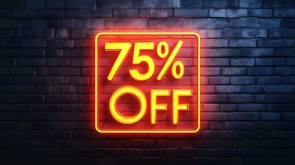 Obraz premium Yellow Neon '75% OFF' Sign on a Brick Wall