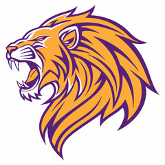 Abstract lion logo in bright orange and purple colors, on a white background