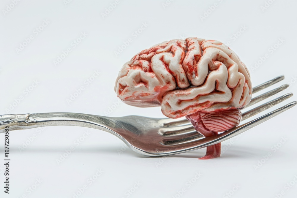 Poster illustration of a fork with a model of a brain attached, ideal for educational or science-related us