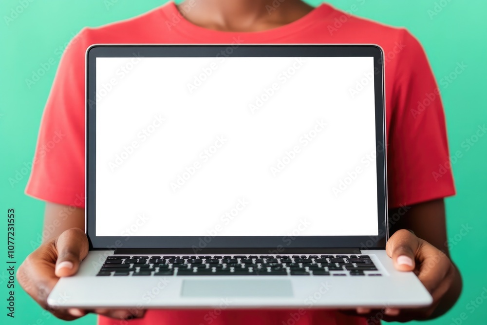Poster A person holding a laptop with a blank white screen, ideal for tech-related concepts and digital communication