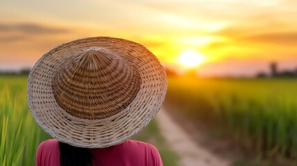 A woman wearing a straw hat standing in a field
