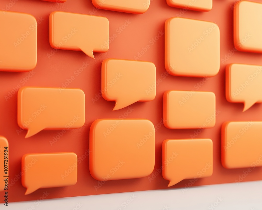 Poster a vibrant wall of orange speech bubbles, symbolizing communication and expression in a modern design