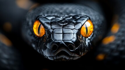 A close up of a black snake with orange eyes