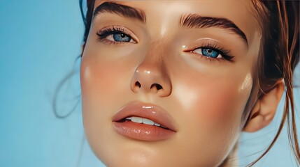 Close-up portrait of a young woman with blue eyes and sun-kissed skin.