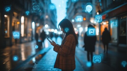 Woman Using Smartphone Surrounded by Blue Digital Icons in a City at Night