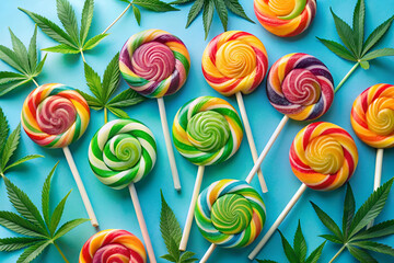 A bunch of colorful lollipops are on a blue background with a bunch of green lea