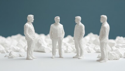 Obraz premium Four white figurines standing together on a textured surface, with a soft background, creating a serene and abstract atmosphere.