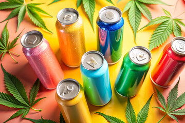 The cans are arranged in a rainbow pattern