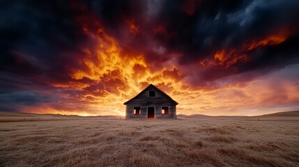 an old house in the middle of a field under a cloudy sky