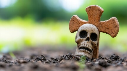 Obraz premium A skull with a cross on top of it in the dirt