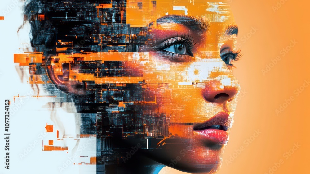 Leinwandbilder a woman's face is partially obscured by a digital glitch effect, creating a sense of mystery and the