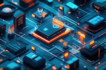 Fototapeta premium Abstract futuristic digital interface with glowing lights and lines, 3D rendered.