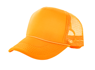 Bright orange mesh trucker cap isolated on white background. Ideal for fashion, branding, or outdoor style concepts.