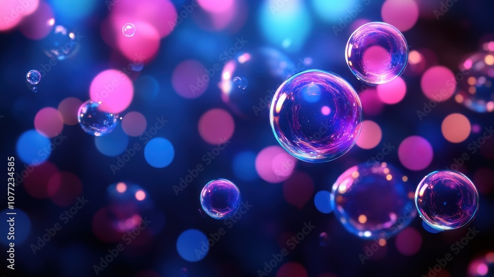 Poster A vibrant background filled with colorful bubbles lit by shimmering, multicolored lights, creating a whimsical and festive atmosphere.