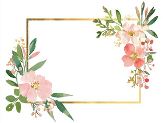 Fototapeta premium Minimalist Light Pink Watercolor Frame with Gold Accents and Spring Flowers Decoration 