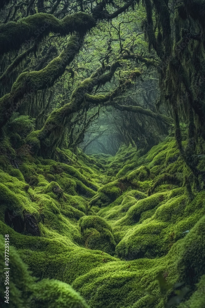Poster a dense forest with tall trees covered in moss