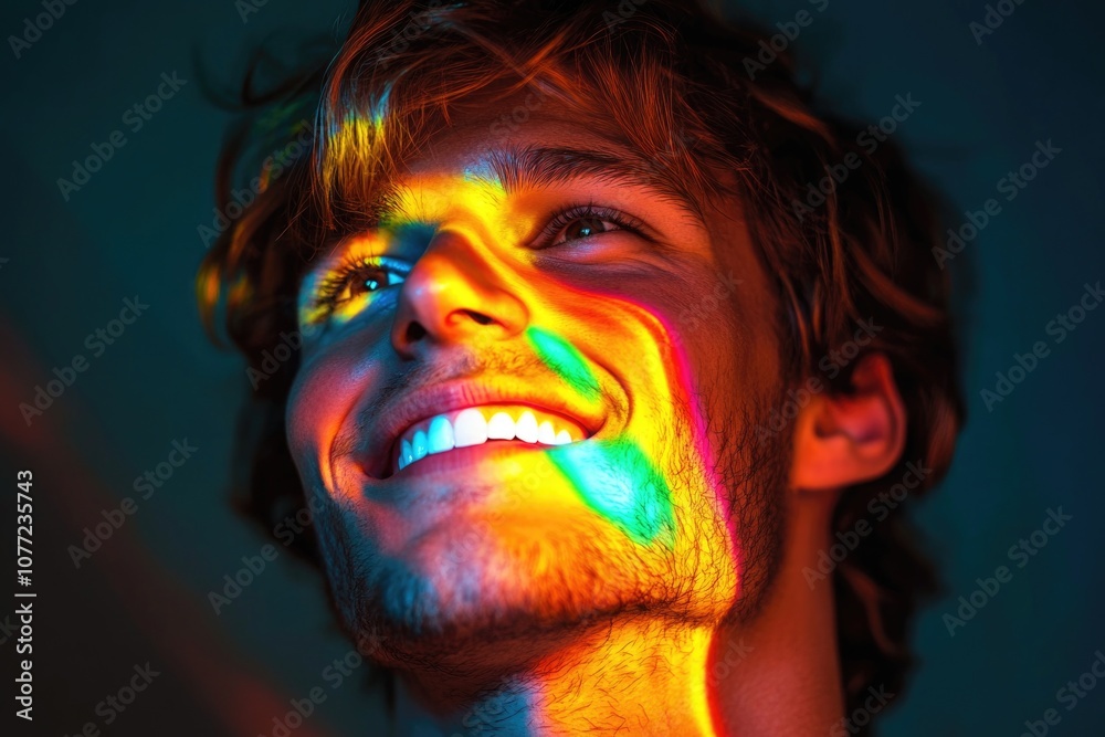 Poster a person with a colorful rainbow design on their face, great for inclusivity and diversity concepts