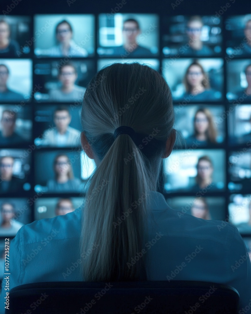 Leinwandbilder A person views multiple screens displaying various individuals, creating a sense of surveillance or monitoring in a tech-focused environment.
