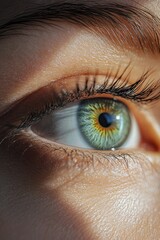 Fototapeta premium A detailed view of a person's green eye with eyelashes and iris details visible